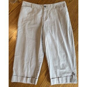 Sonoma Capri Pants Womens 12 Beige Pinstripe Cropped Roll Tab Cotton Stretch